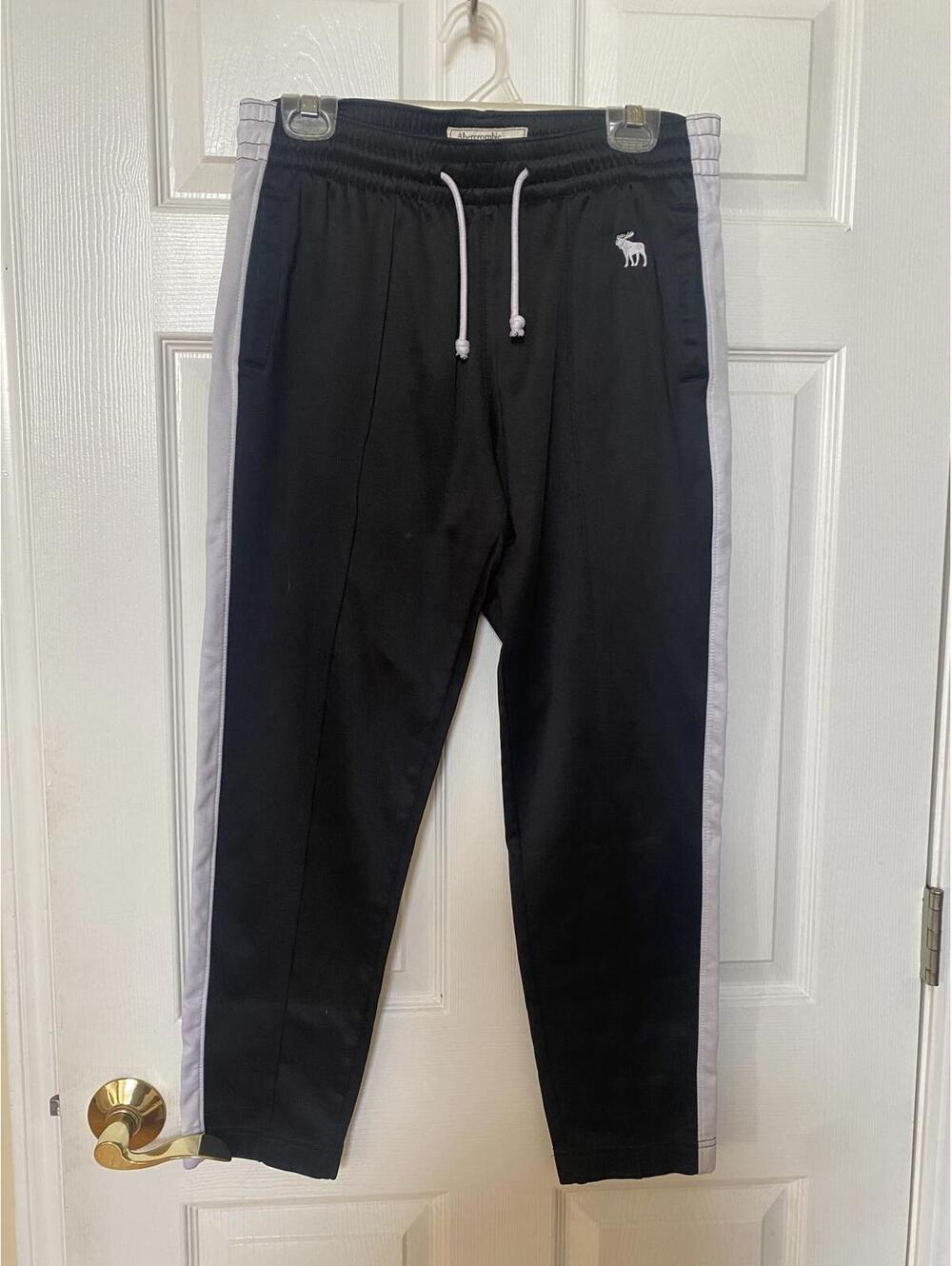 Abercrombie & Fitch Men's Black Jogger Pants with White Side Stripes Medium